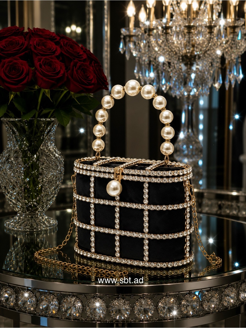 NEW Pearl & Rhinestones Clutch Purse Sparkling Bling Swarovski Crystal Bag - Picture 9 of 17